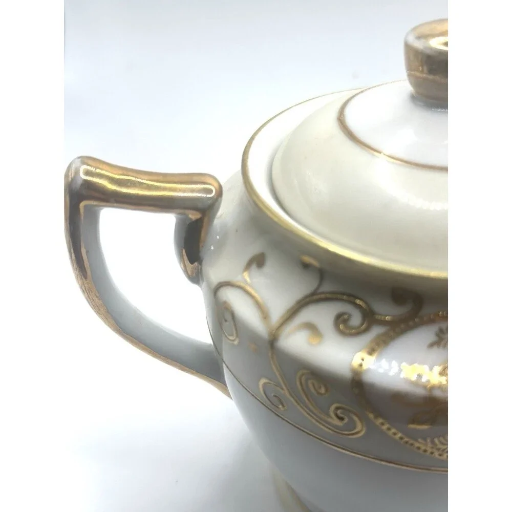 Vintage HANO Painted Japan Covered Sugar Bowl Gold Scroll Handles
